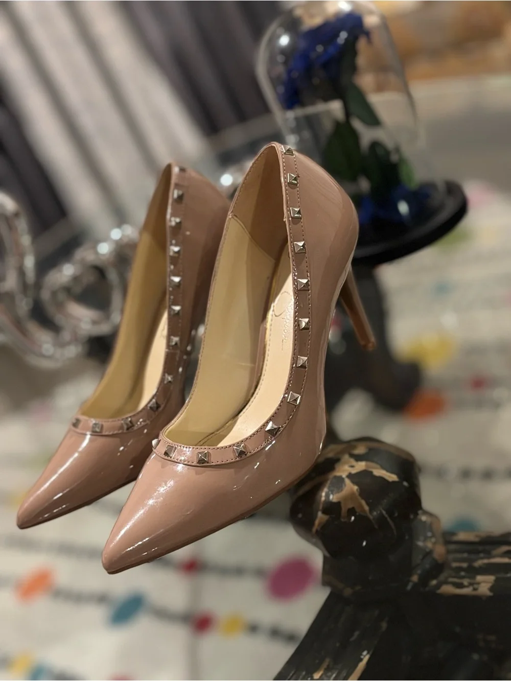 Jessica Simpson Nude Patent Leather Studded Pointed-Toe Pumps